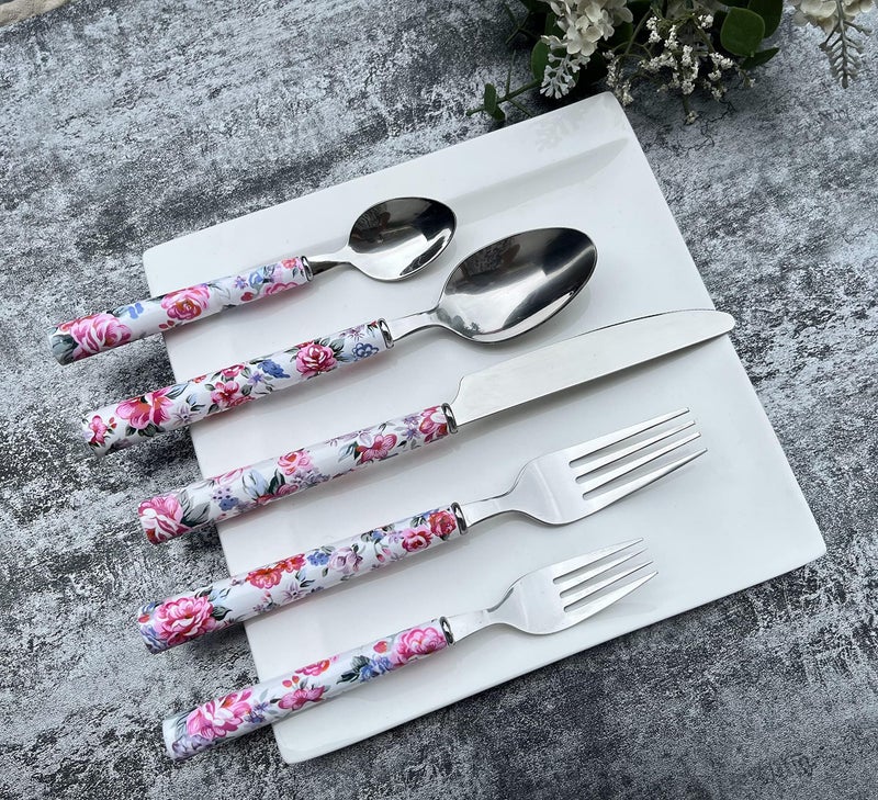 Pretihome Elegant Peony Flower 20-Piece Stainless Steel Flatware Set â€“ Durable, Modern Cutlery set, Service for 4 People, Perfect for Home, Weddings, Parties, and Everyday Use (Plastic Handle, Dishwasher Safe) - Image 5